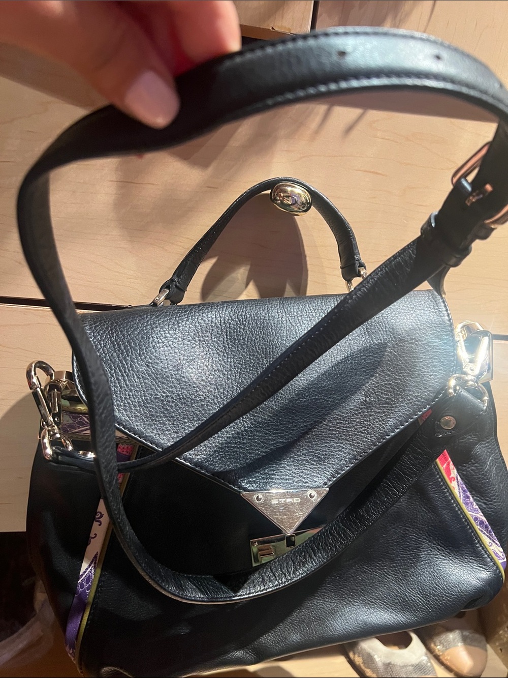 Black Leather Satchel with Patterned Accent Strap - Picture 8 of 17